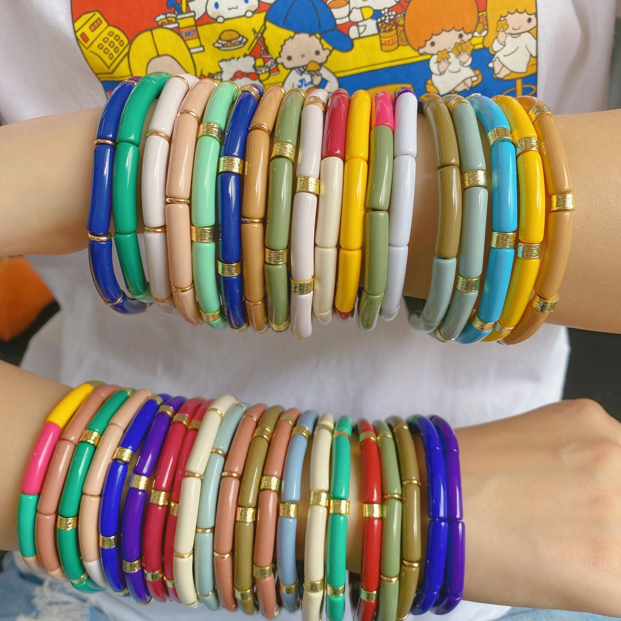 

New MINIS Small Skinny resin acrylic colorful bamboo curved tube bead 6mm stack bracelets bangle boho Water Proof Jewelry, Customized color