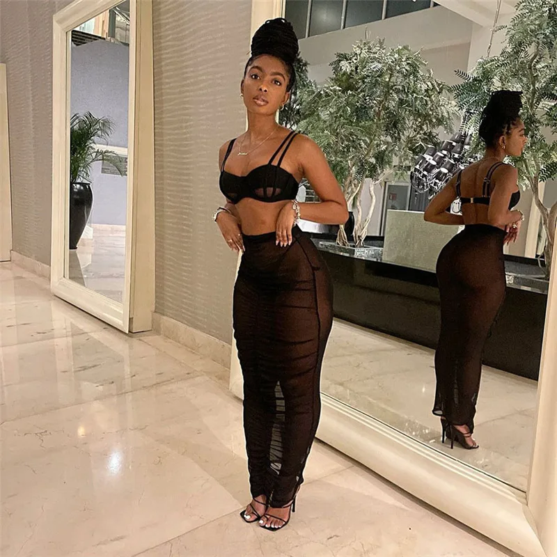 Two piece club mesh outfits women's sexy sling vest long ruched wrap matching skirt sets
Two piece club mesh outfits women's sexy sling vest long ruched wrap matching skirt sets