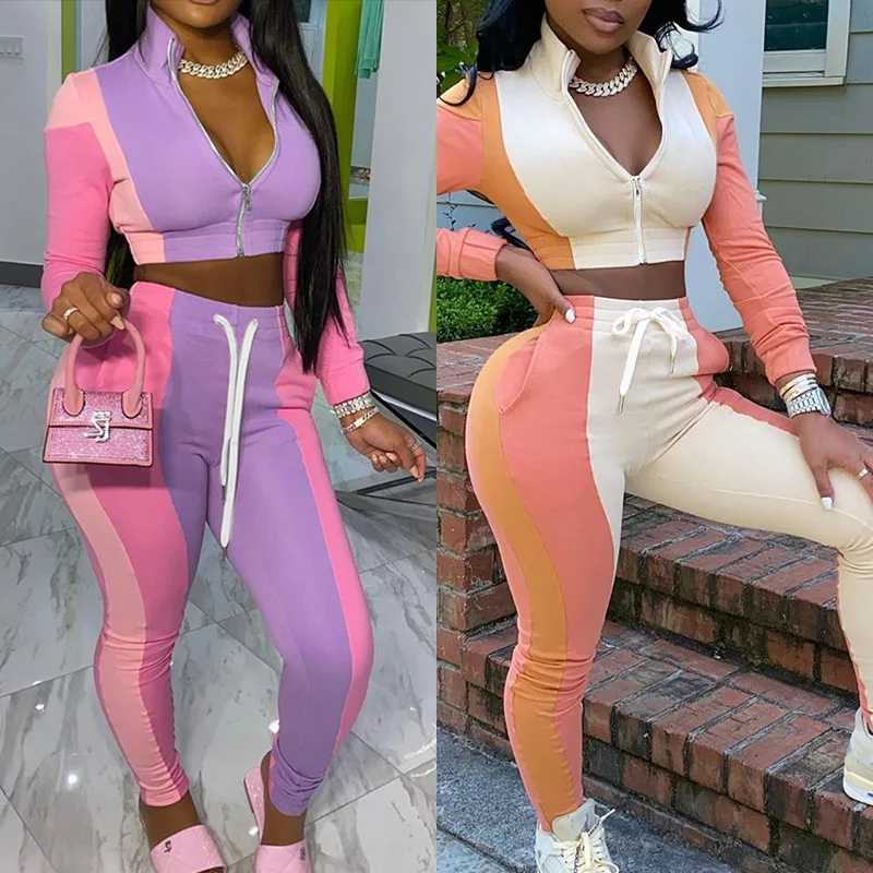 Factory wholesale 2021 women Colorblock zipper casual crop top sweatpants suit women running Drawstring trouser
Factory wholesale 2021 women Colorblock zipper casual crop top sweatpants suit women running Drawstring trouser