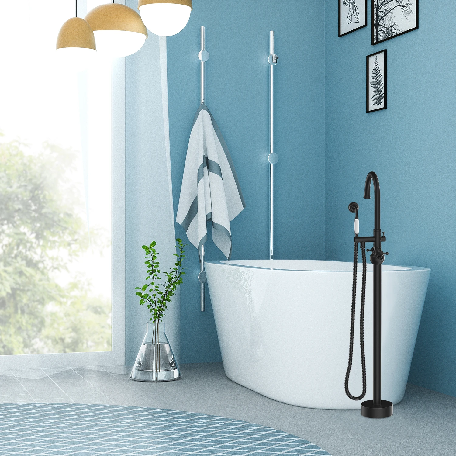 Double Handle Floor Mounted Clawfoot Tub Faucet Matte black Black matt floor mounted freestanding bathtub faucets