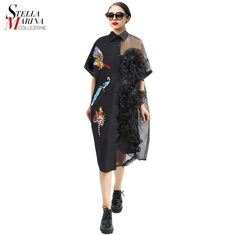 2019 Summer Women Black Midi Mesh Shirt Dress Ruffle Bird Embroidery Lady Sheer Cute Dress Party Dress Robe Style