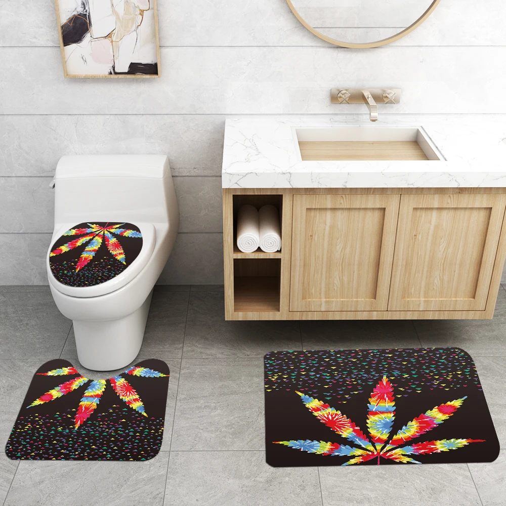 Leaf waterproof polyester fabric 4 piece bathroom rug mat and shower curtain sets