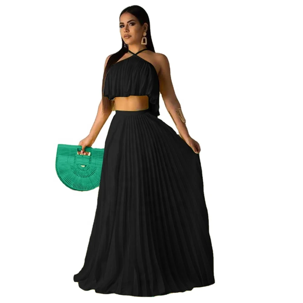 Sexy ladies halter crop top and long pleated skirt two piece dress set, Green,black,yellow
Sexy ladies halter crop top and long pleated skirt two piece dress set, Green,black,yellow