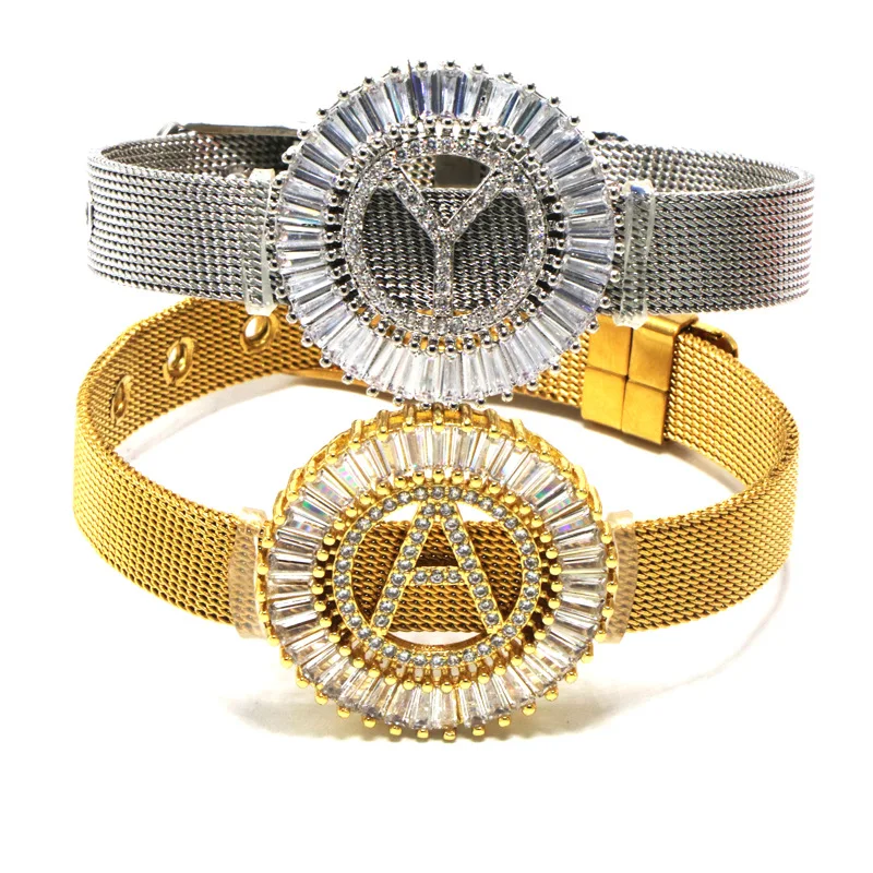 26 English Alphabet Watches Micro-Inlaid Letters Zircon Round Copper Men And Women Stainless Steel Strap Bracelets
26 English Alphabet Watches Micro-Inlaid Letters Zircon Round Copper Men And Women Stainless Steel Strap Bracelets