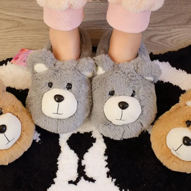 

2020 high quality cute teddy bear faux rabbit fur winter indoors women men slippers fluffy shoes closed toe ladies flat slippers