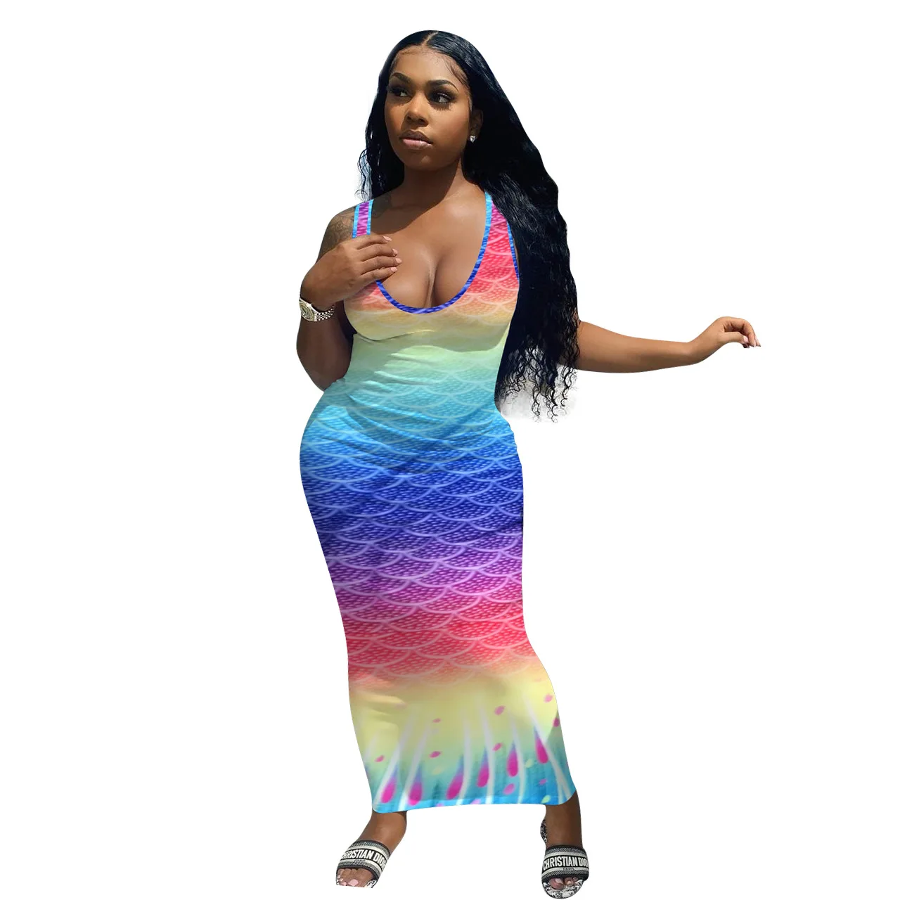 High Quality Fishscale Gradient Print Sleeveless Bodycon Sexy V Neck Women Summer Maxi Dress, Picture color
High Quality Fishscale Gradient Print Sleeveless Bodycon Sexy V Neck Women Summer Maxi Dress, Picture color
