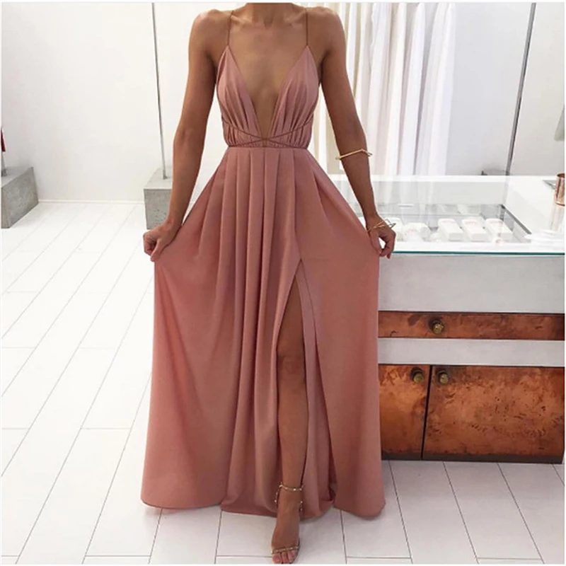 Summer Maxi Dress Women Solid Color Sexy Deep V Neck Sleeveless Spaghetti Strap Backless High Split Long Sundress, Many
Summer Maxi Dress Women Solid Color Sexy Deep V Neck Sleeveless Spaghetti Strap Backless High Split Long Sundress, Many