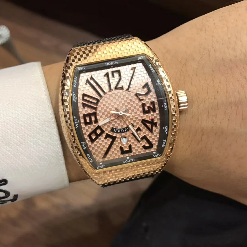 FRANK M V45 gold Exaggerated arc design rectangular case Japan imported automatic movement watch
FRANK M V45 gold Exaggerated arc design rectangular case Japan imported automatic movement watch