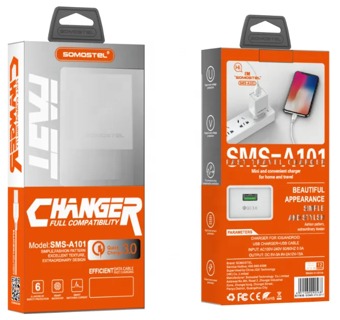Somostel SMS-A101 ONE 2 IN 1 usb fast travel adapter wall charger QC 3.0 EU/US/argentina plug with cable for IPHONE/TYPE C/V8
Somostel SMS-A101 ONE 2 IN 1 usb fast travel adapter wall charger QC 3.0 EU/US/argentina plug with cable for IPHONE/TYPE C/V8