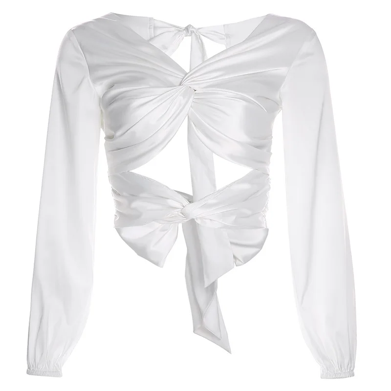 Hot selling Ladies v neck Puff long Sleeve Satin Silk Tie Knot Satin Crop Top Shirt
Hot selling Ladies v neck Puff long Sleeve Satin Silk Tie Knot Satin Crop Top Shirt