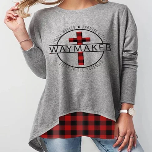 Women's long sleeve crew neck print medium length Plaid split back T-shirt, Picture color
Women's long sleeve crew neck print medium length Plaid split back T-shirt, Picture color