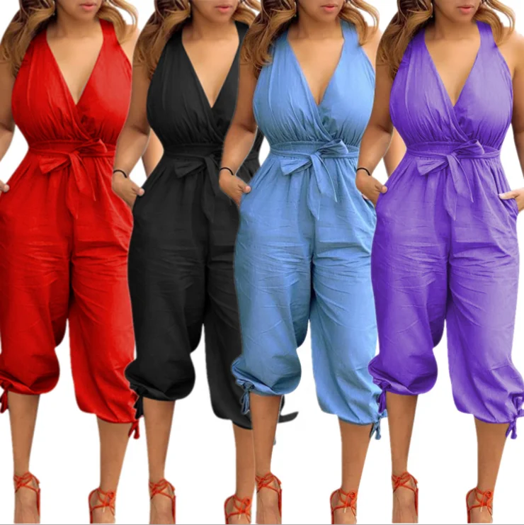 Hot sale solid color V-neck bandage design backless sleeveless jumspuit for women, Red/black/light blue/purple
Hot sale solid color V-neck bandage design backless sleeveless jumspuit for women, Red/black/light blue/purple