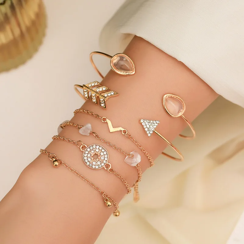 

6 pcs/set Gold Charm Chain Bracelets for Women Elegant Shiny Rhinestones Arrow Compass Charm Cuff Bangles Set Jewelry, Picture