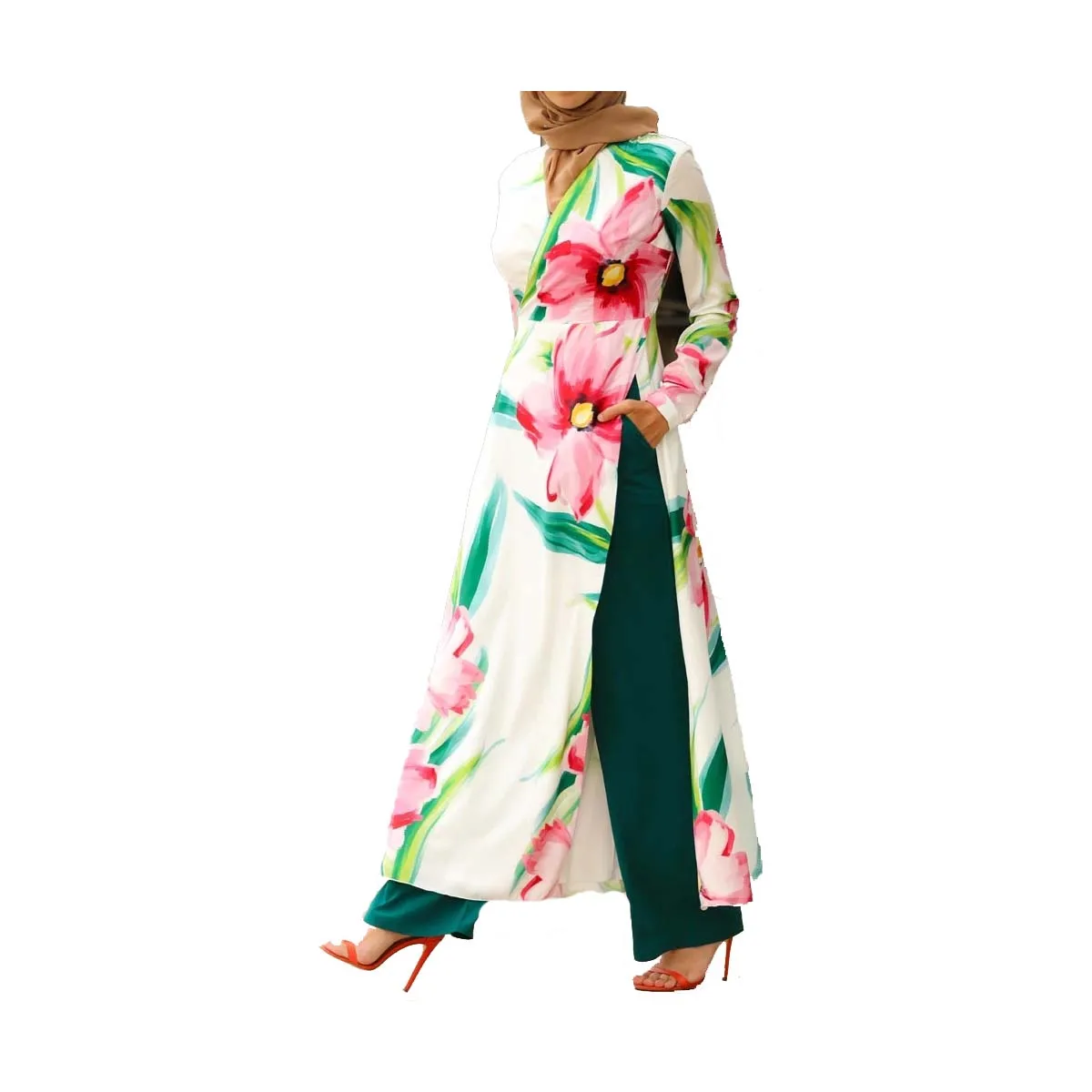 2021 malay indonesian muslim abaya clothing two piece skirt set floral print dress top and trousers for women
2021 malay indonesian muslim abaya clothing two piece skirt set floral print dress top and trousers for women