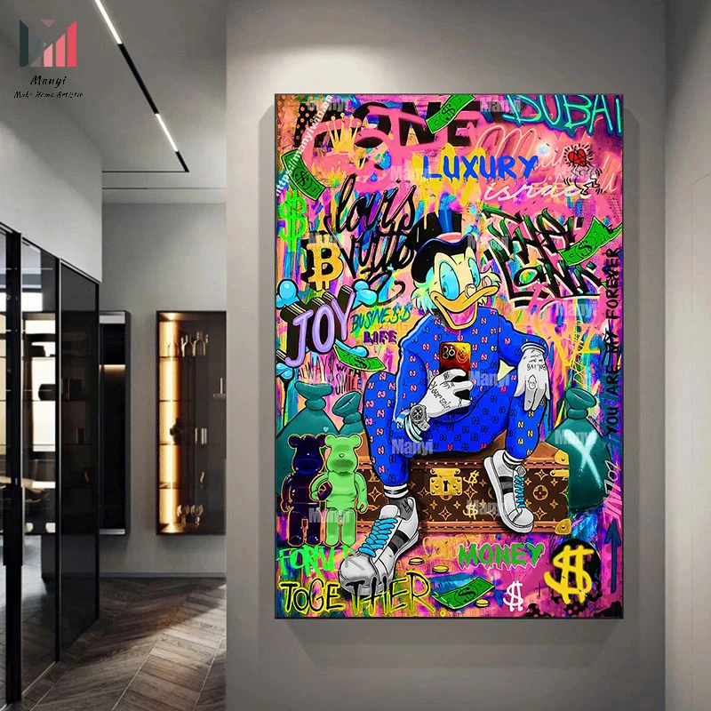 Cartoon Duck Graffiti Money Wall Art Pictures and Street pop Art Posters print on Canvas For home bathroom Room Decor 
Cartoon Duck Graffiti Money Wall Art Pictures and Street pop Art Posters print on Canvas For home bathroom Room Decor