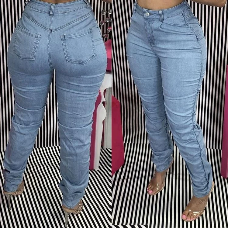 High Waist Solid Color Stacked Skinny Pleated Hem Blue Stacked Jeans For Women, Customizd
High Waist Solid Color Stacked Skinny Pleated Hem Blue Stacked Jeans For Women, Customizd
