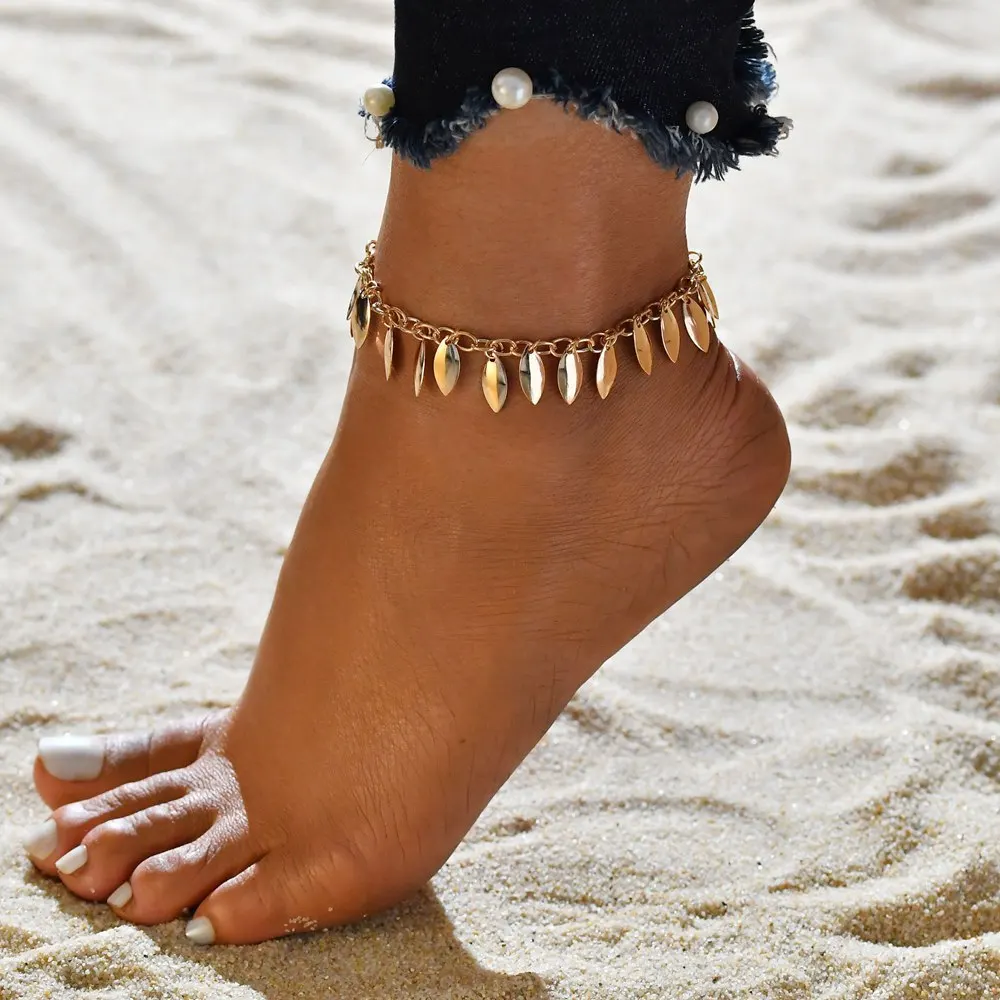 

Women Beach Barefoot Jewelry Leaves Tassel Pendant Leg Chain Anklets Gold Sequin Leaf Pendant Anklet