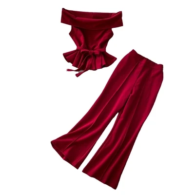 Fashion Woman 2 Pcs Sets Outfits Sexy Slash Neck Bandage Crop Top And Trumpet Pants New Autumn Ladies Casual Suit wide-leg pants
Fashion Woman 2 Pcs Sets Outfits Sexy Slash Neck Bandage Crop Top And Trumpet Pants New Autumn Ladies Casual Suit wide-leg pants
