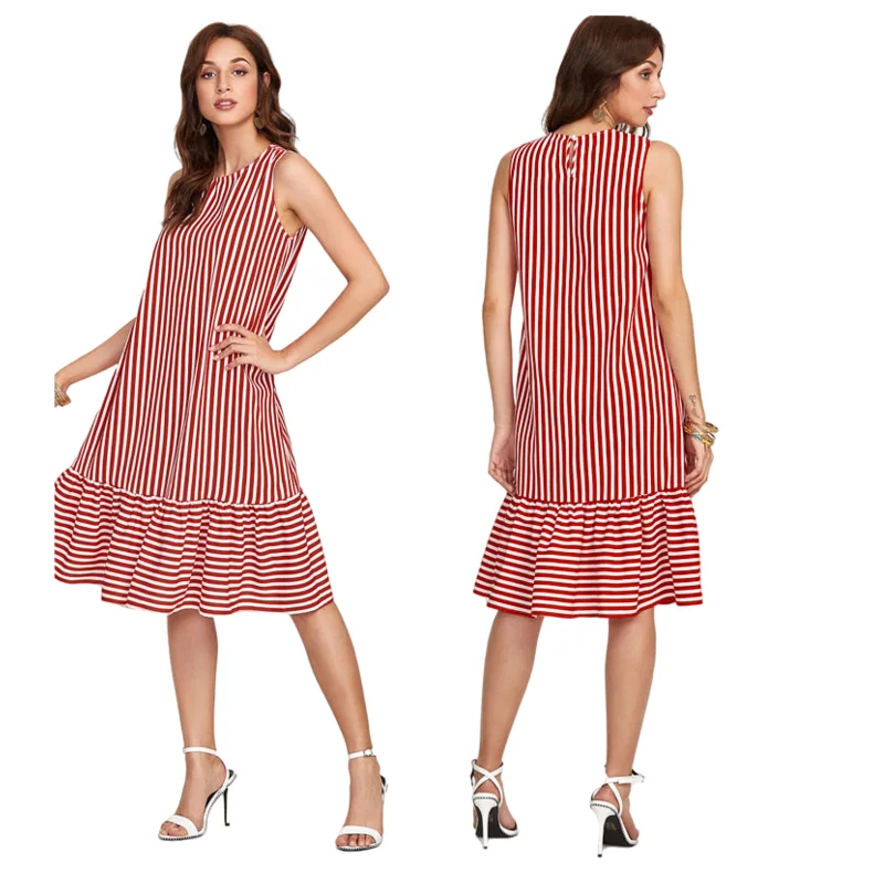 European and American red and white stripes sleeveless round neck pleated loose stitching women's dress
European and American red and white stripes sleeveless round neck pleated loose stitching women's dress