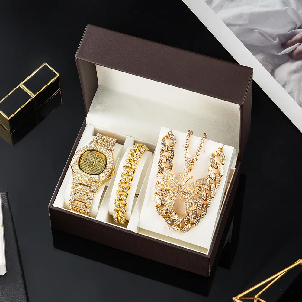 3pcs/Set Luxury Hip Hop Cuban Chain Crystal Womens Ladies Wrist Watch Necklace Bracelet Set For Gift With Box, Silver color
3pcs/Set Luxury Hip Hop Cuban Chain Crystal Womens Ladies Wrist Watch Necklace Bracelet Set For Gift With Box, Silver color