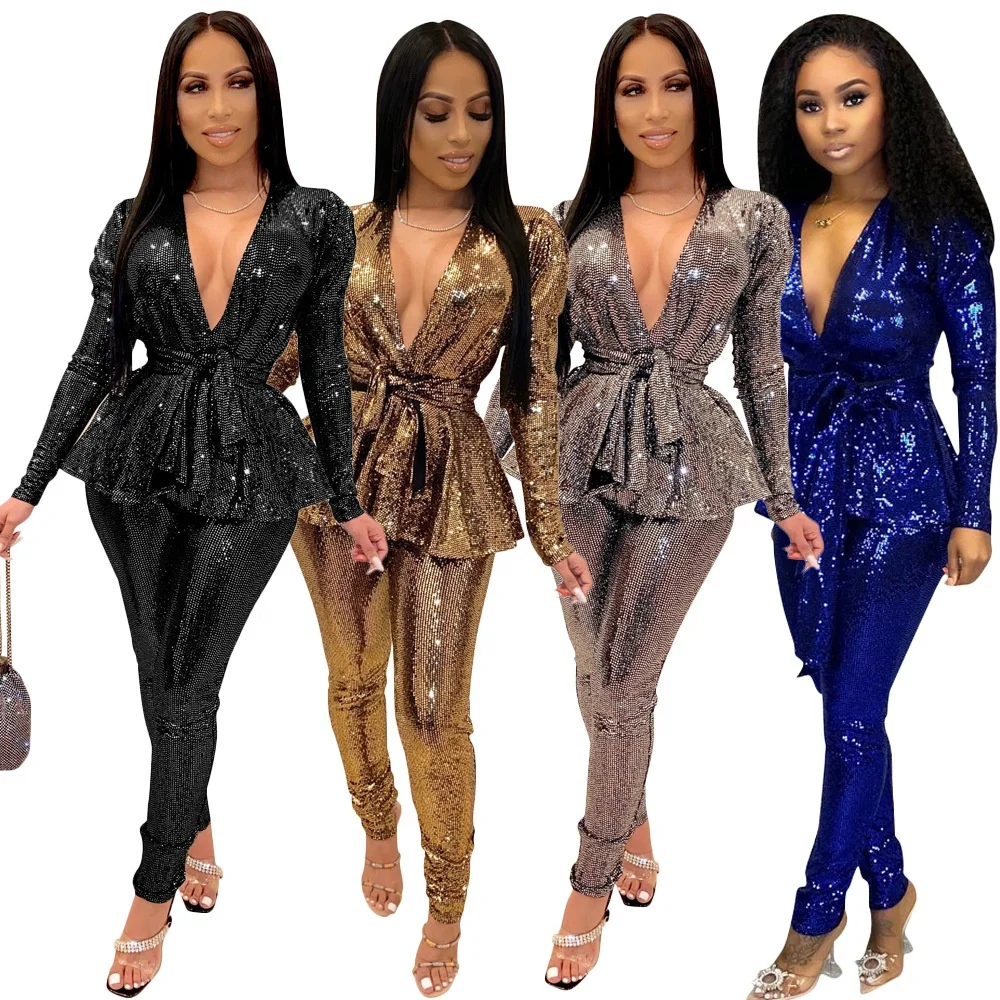 Fashion Sexy Bodycon Long Sleeve Two Piece Pants Set Sequin Suits For Women Clothing With Belt, As pictures show
Fashion Sexy Bodycon Long Sleeve Two Piece Pants Set Sequin Suits For Women Clothing With Belt, As pictures show