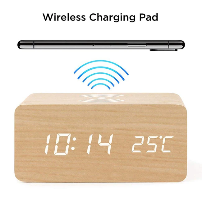 

Newest Hot Selling Wooden QI Wireless Charger charging LED Calendar Time Temperature Voice Control wood Digital Alarm Clock