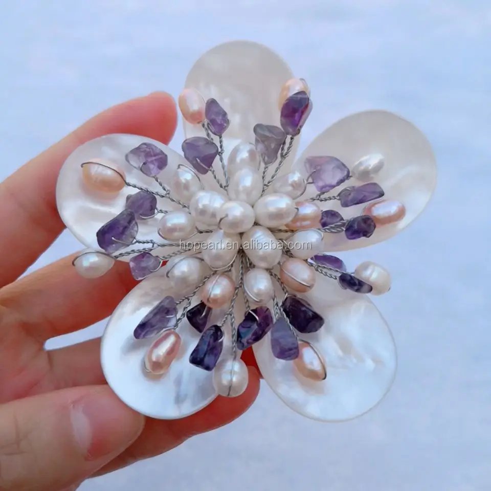 BRH37 Amethyst and Freshwater Pearls Natural White Mother of Pearl Shell Handmade Flower Brooch
BRH37 Amethyst and Freshwater Pearls Natural White Mother of Pearl Shell Handmade Flower Brooch
