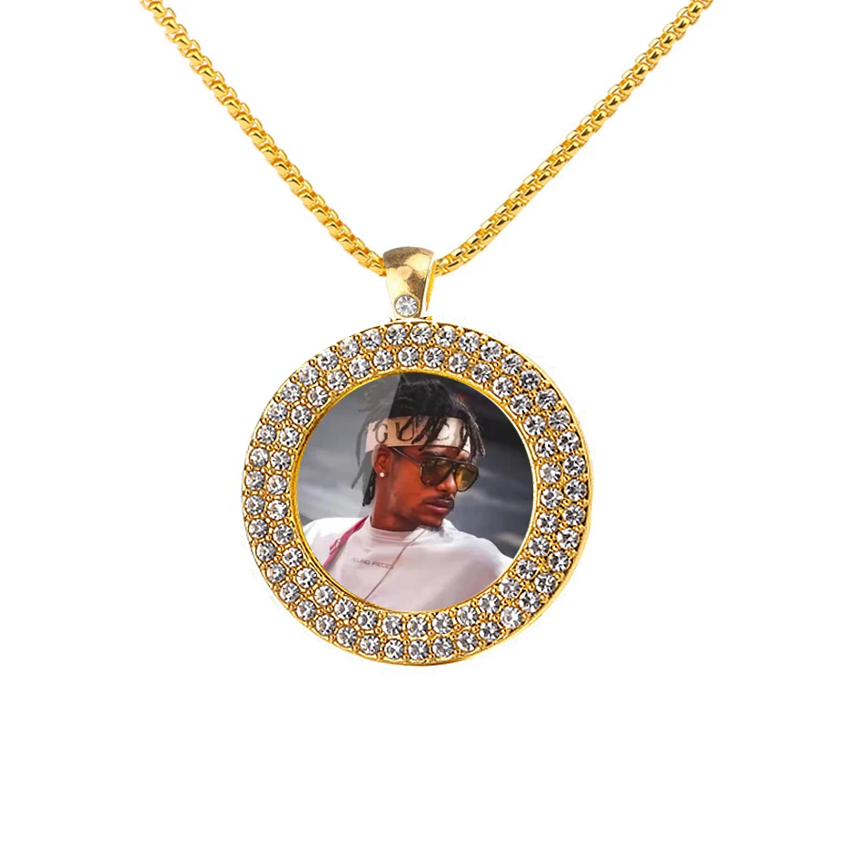 Gold Color Cubic Zircon Custom Photo Medallion Necklace Picture Pendant Necklace With Corn Chain, Picture shows
Gold Color Cubic Zircon Custom Photo Medallion Necklace Picture Pendant Necklace With Corn Chain, Picture shows