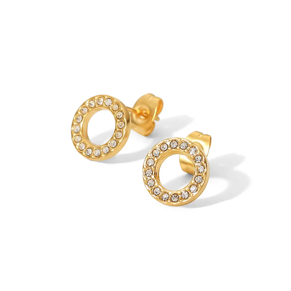 18K Gold Plated Stainless Steel Jewelry Charm Hollow White Circle Cubic Zirconia Stud Earrings
18K Gold Plated Stainless Steel Jewelry Charm Hollow White Circle Cubic Zirconia Stud Earrings