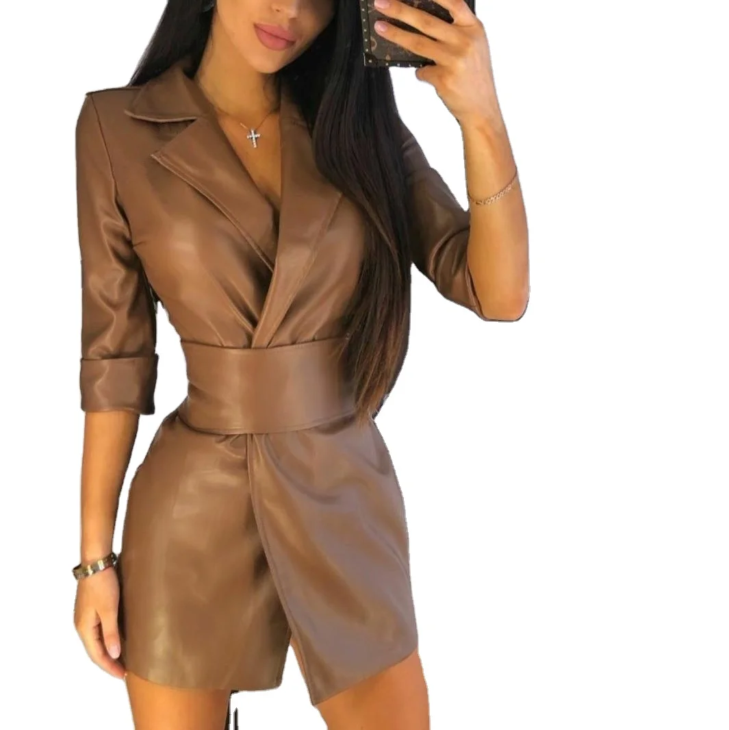 Tailored Collar PU Leather Dress Coat Fashion Leather Jacket Dresses For Ladies With Belt, 2 colors
Tailored Collar PU Leather Dress Coat Fashion Leather Jacket Dresses For Ladies With Belt, 2 colors