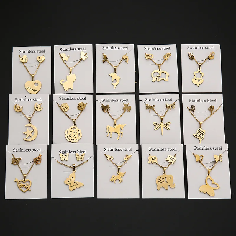 wholesale gold stainless steel women jewelry necklace set flower unicorn butterfly heart shaped earring necklace set
wholesale gold stainless steel women jewelry necklace set flower unicorn butterfly heart shaped earring necklace set