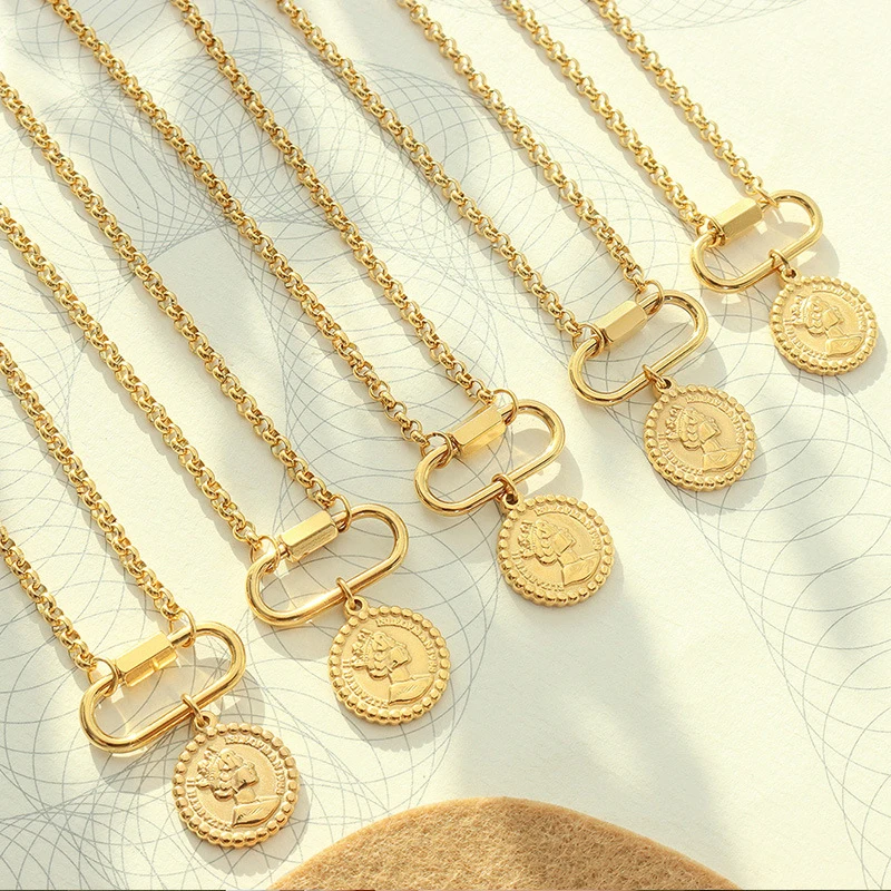 Trendy Jewelry 18k Gold Plated Gold Link Chain Necklace Stainless Steel Queen Coin Pendant Necklace for Women
Trendy Jewelry 18k Gold Plated Gold Link Chain Necklace Stainless Steel Queen Coin Pendant Necklace for Women