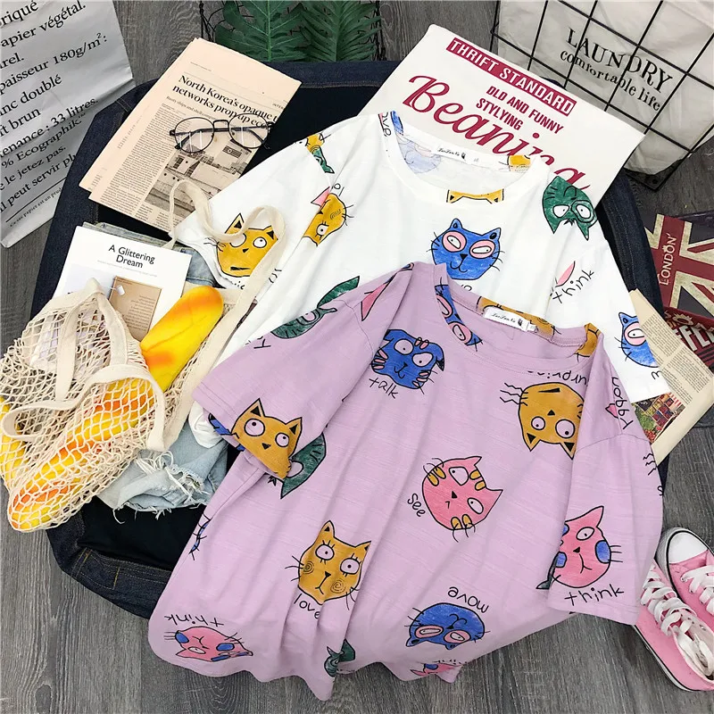 Cartoon Animal Letter Print Casual Summer Short Sleeve Female Cute Loose Large Size 100% cotton O-neck tops Shirt For Girl
Cartoon Animal Letter Print Casual Summer Short Sleeve Female Cute Loose Large Size 100% cotton O-neck tops Shirt For Girl