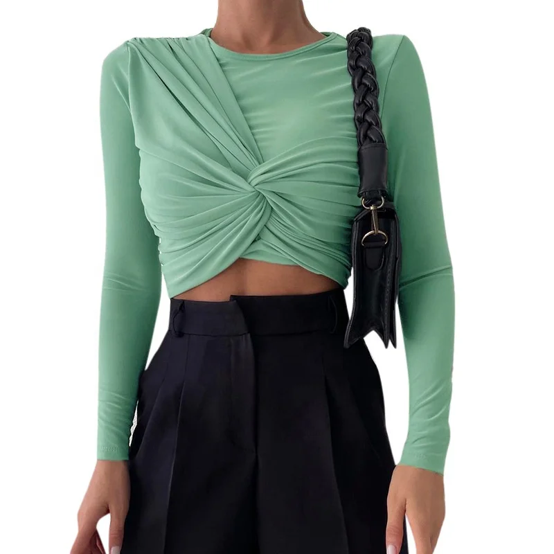 Spring new fashion women's solid color twisted bottoming shirt long sleeved women's top, Picture
Spring new fashion women's solid color twisted bottoming shirt long sleeved women's top, Picture