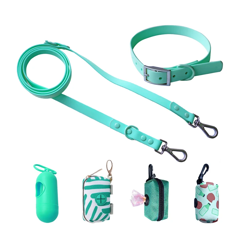 

Soft PVC Dog Collar and Leash Harness Set with Poop Bag Dispenser Hot Sale Custom Logo Adjustable Waterproof for Dogs with Rivet, Black, blue, green, pink or custom