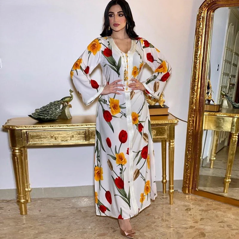 Ethnic Maxi Long Dress for Women V Neck Ribbon Long Sleeve Abaya Dresses White Floral Print Dubai Muslim Arabic Clothes
Ethnic Maxi Long Dress for Women V Neck Ribbon Long Sleeve Abaya Dresses White Floral Print Dubai Muslim Arabic Clothes
