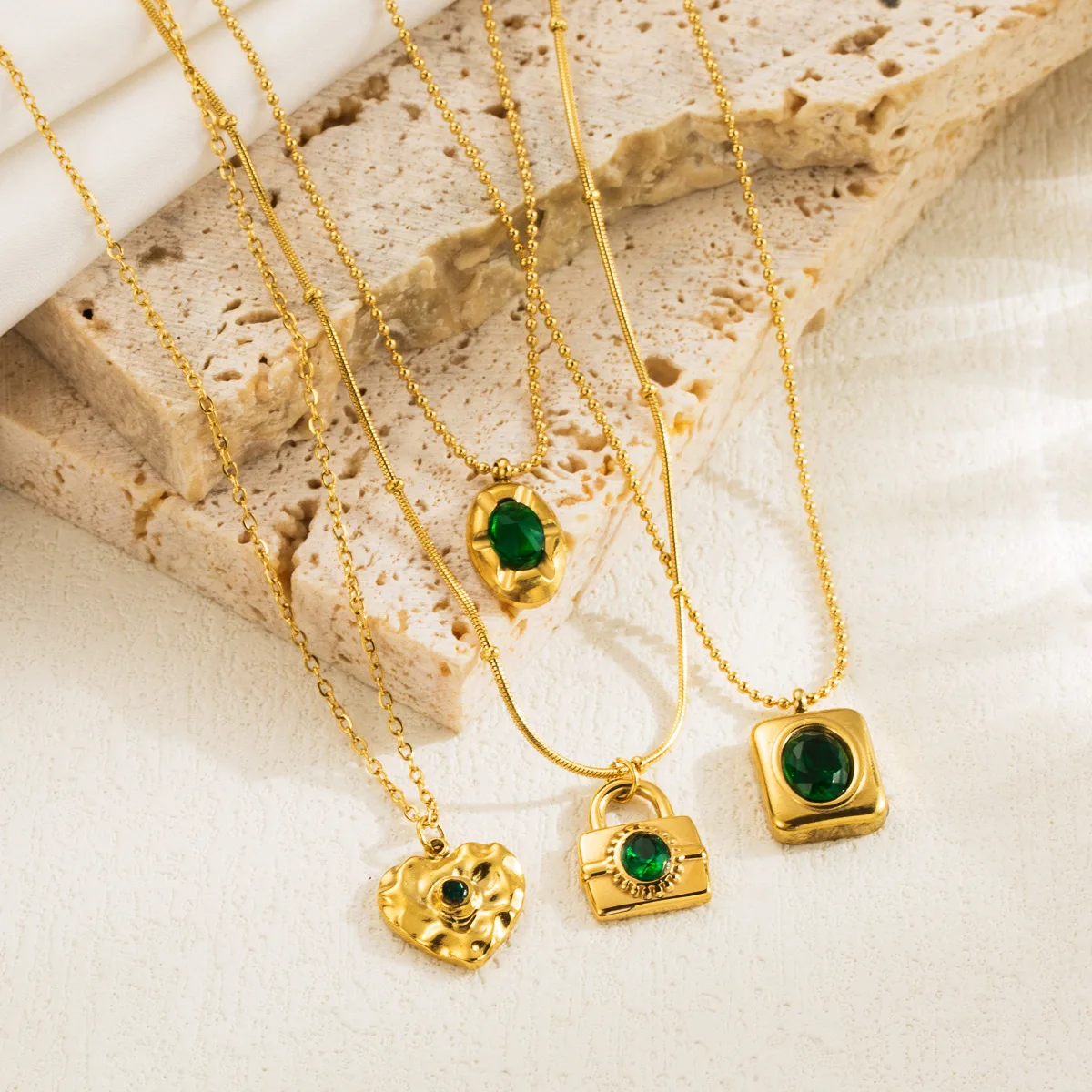 joyffo Tarnish Free Green Zircon Necklace Heart Square Lock Shape Gold Plated Pendant Necklace Stainless Steel Necklace Set
joyffo Tarnish Free Green Zircon Necklace Heart Square Lock Shape Gold Plated Pendant Necklace Stainless Steel Necklace Set