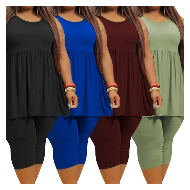 

New Arrivals Fashion Casual Two Piece Sets Shorts Solid Color Sleeveless Custom Summer Set Black Two Piece Short Set Plus Size, Black, green, blue, burgundy