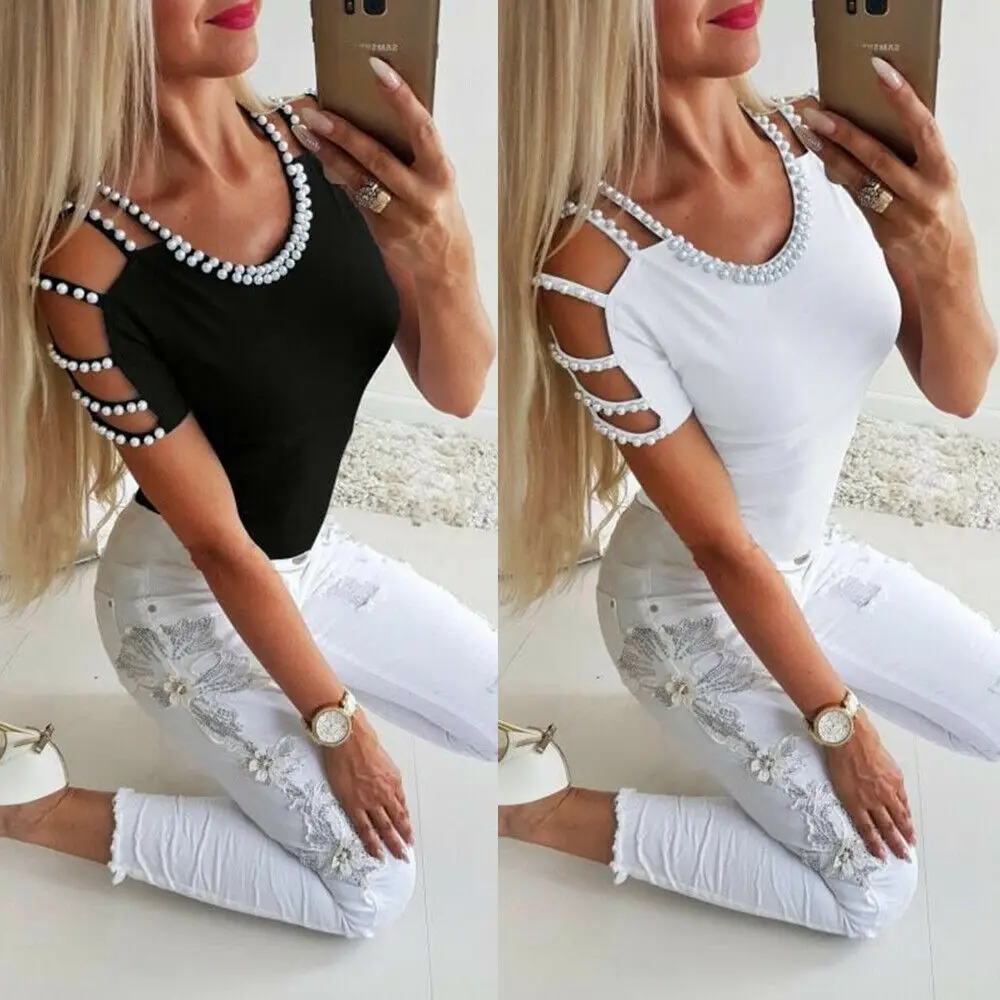 Summer Fashion Women Pearl T-Shirt Round Neck Off-Shoulder Short Sleeve T Shirt Casual Knitted Solid Color Clothing Blouse Top, As the pictures shown
Summer Fashion Women Pearl T-Shirt Round Neck Off-Shoulder Short Sleeve T Shirt Casual Knitted Solid Color Clothing Blouse Top, As the pictures shown