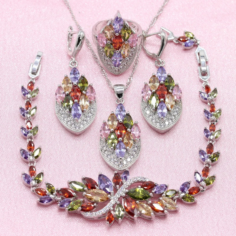 2021 Multi Color Stones Dubai Silver Jewelry Set for Women Bracelet Earrings Ring Necklace Pendant
2021 Multi Color Stones Dubai Silver Jewelry Set for Women Bracelet Earrings Ring Necklace Pendant