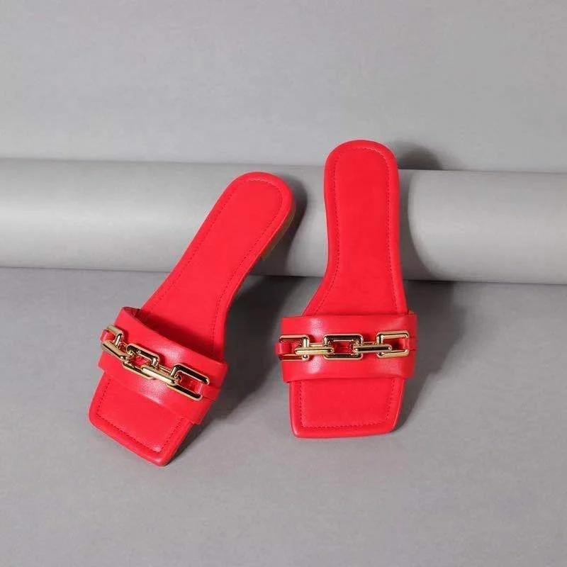 LE SLIDES 2021 New Arrival Fashion Metal Chain Flip Flops PU Leather Solid Color Square Toe Women Flat Slides Anti-slip Slippers, Red black blue purple transparent
LE SLIDES 2021 New Arrival Fashion Metal Chain Flip Flops PU Leather Solid Color Square Toe Women Flat Slides Anti-slip Slippers, Red black blue purple transparent