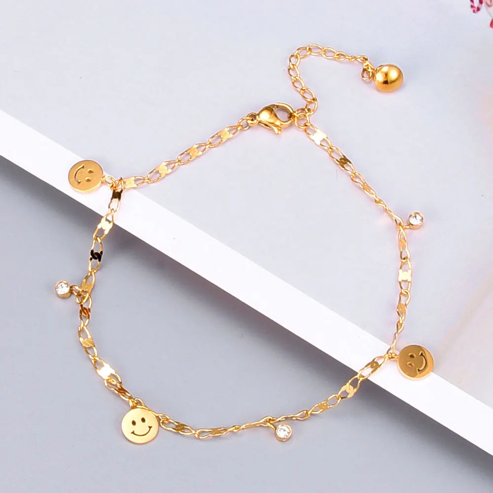 Positive 18K Gold Plated Titanium Steel Smiling Face Tassel Anklet Interval Coffee Beans Link Happy Face Smiley Charm Ankle
Positive 18K Gold Plated Titanium Steel Smiling Face Tassel Anklet Interval Coffee Beans Link Happy Face Smiley Charm Ankle