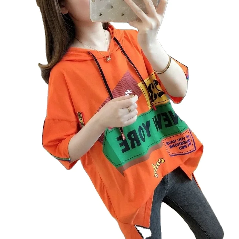 Short-sleeved female 2020 new hooded plus size women's loose Korean version of the ins summer wild top
Short-sleeved female 2020 new hooded plus size women's loose Korean version of the ins summer wild top