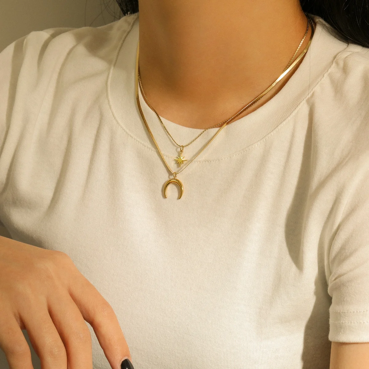 

Chic Star Power Charm Moon Pendant Snake Chain Chunky Necklace 14K Gold Plated Stainless Steel Double layered Necklace
