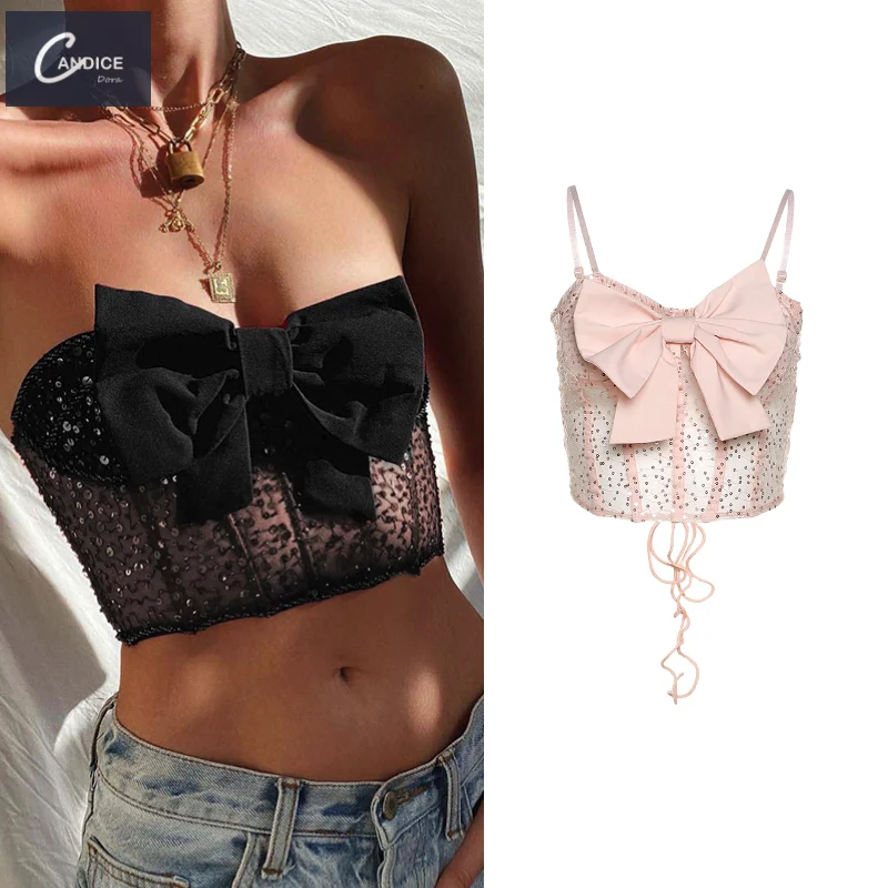 Candice popular fashion chic strap boatneck girly sense bowknot sequins back cross bandage slim crop top for ladies
Candice popular fashion chic strap boatneck girly sense bowknot sequins back cross bandage slim crop top for ladies