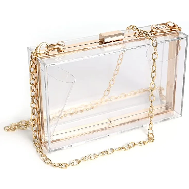 Clear Acrylic Women Purse Clutch Bag Shoulder Handbag With Removable Gold Chain Strap great gift for birthday wedding Christmas 
Clear Acrylic Women Purse Clutch Bag Shoulder Handbag With Removable Gold Chain Strap great gift for birthday wedding Christmas