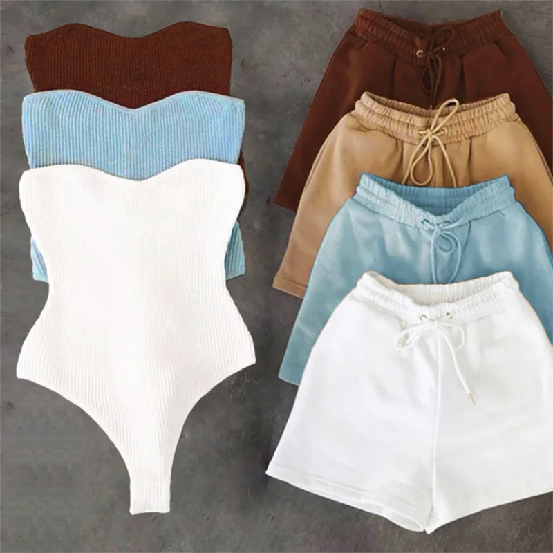 Casual Two Piece Set Women Sleeveless Tube Top Buttons Bodysuit Drawstring Active Sports Shorts Solid Knitted Female Clothing
Casual Two Piece Set Women Sleeveless Tube Top Buttons Bodysuit Drawstring Active Sports Shorts Solid Knitted Female Clothing