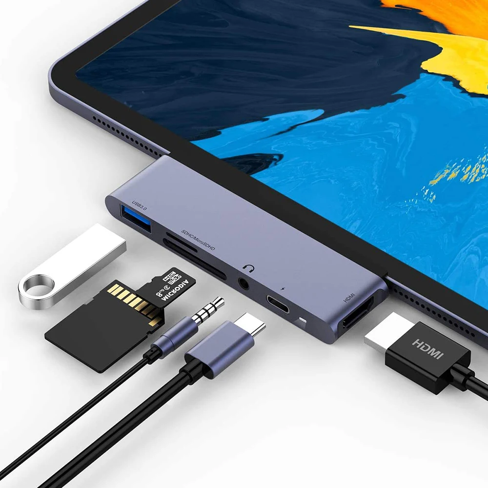 iPad Pro USB HUB SD/TF Card Reader PD Charging 4K HD-MI 6 in 1 Type C Adapter USB C HUB Special for iPad Pro 2018 2020
iPad Pro USB HUB SD/TF Card Reader PD Charging 4K HD-MI 6 in 1 Type C Adapter USB C HUB Special for iPad Pro 2018 2020