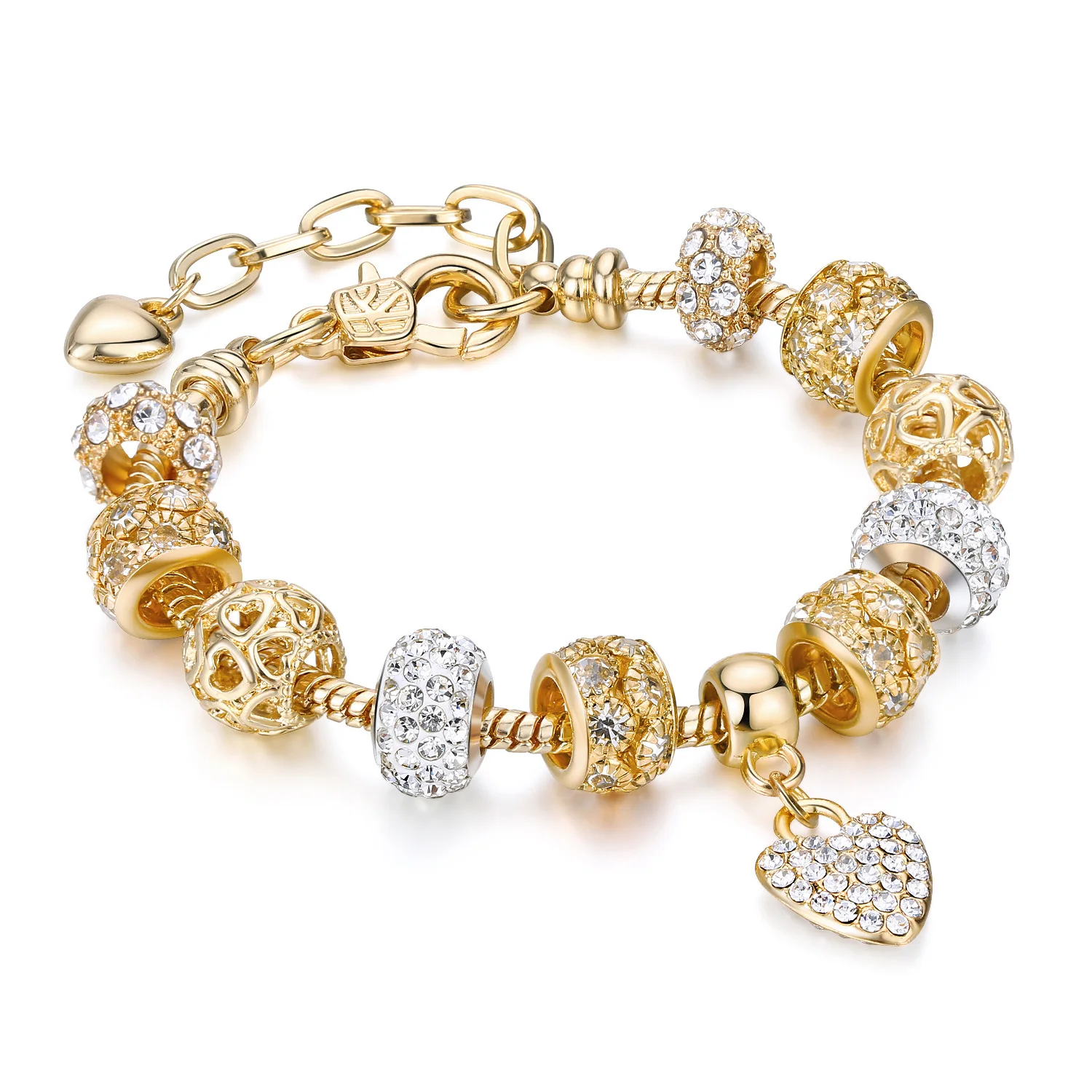 European 18K Gold Plated Snake Chain Crystal Rhinestone Hollow Ball Charms Bracelet Heart Charm Pendant Bracelet For Girls
European 18K Gold Plated Snake Chain Crystal Rhinestone Hollow Ball Charms Bracelet Heart Charm Pendant Bracelet For Girls