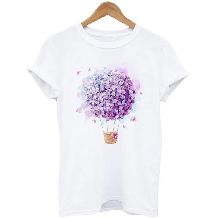

Hot Air Balloon Flowers Women Summer T-shirts Vogue Ladies Short Sleeve Tops Oversized T Shirt Women Graphic Female Tee T-shirt